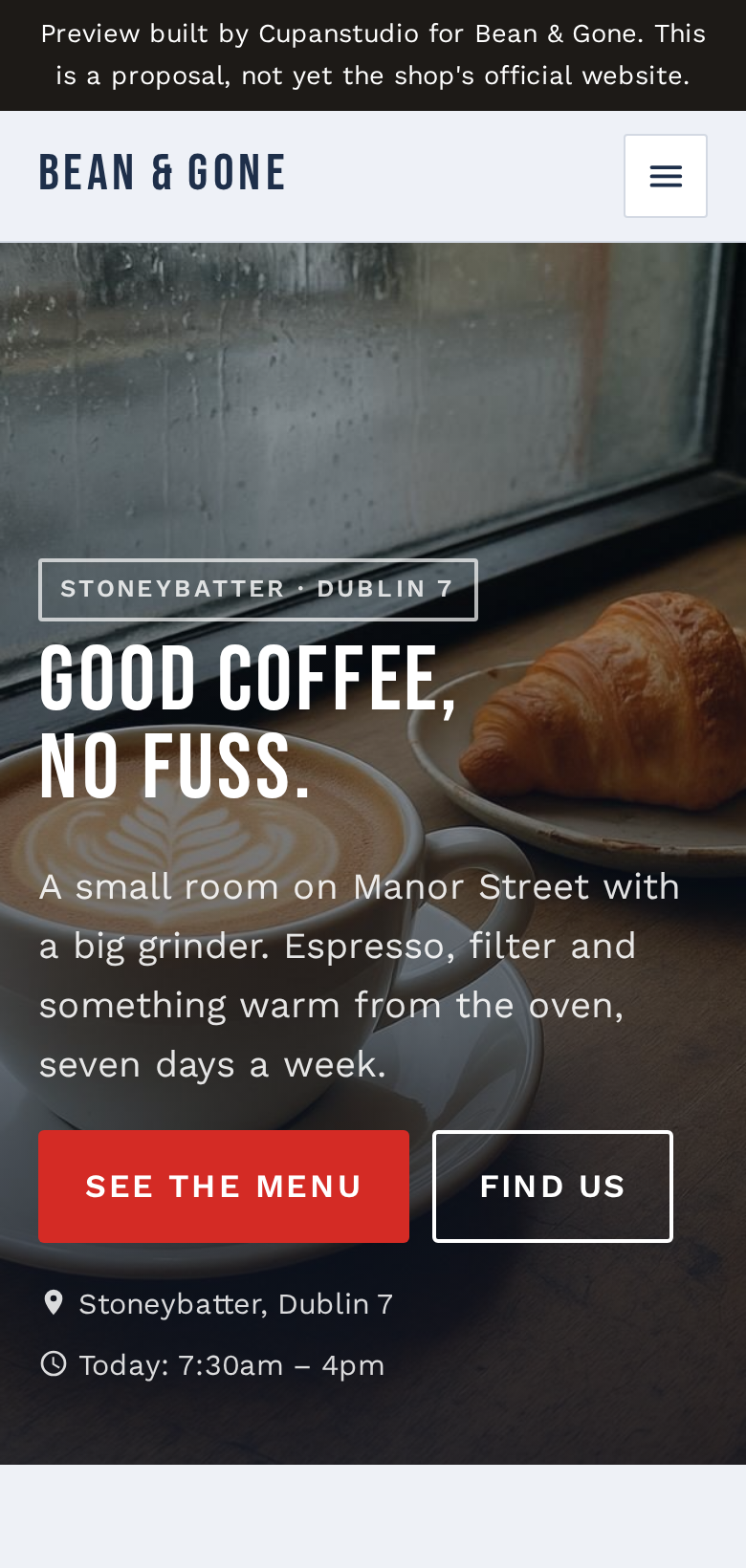 The Bean & Gone demo site on a phone